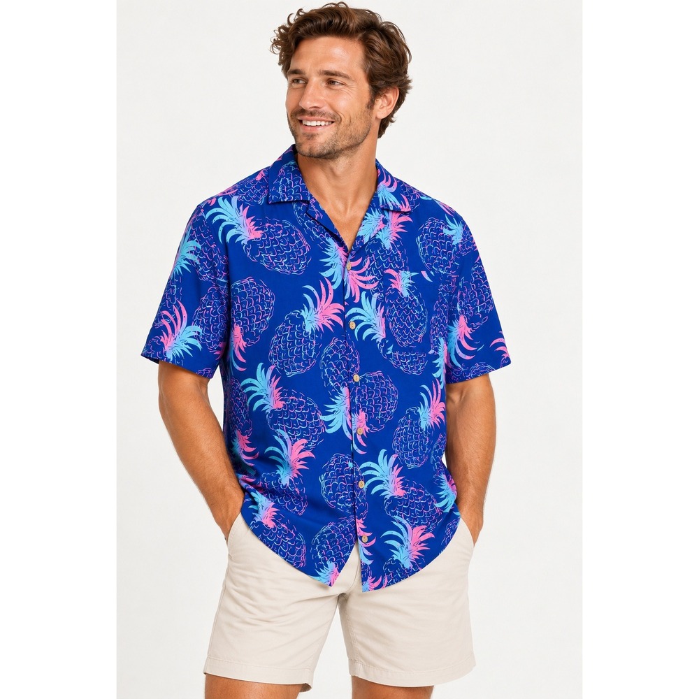 UZZI Amphibious Gear Men's L Hawaiian Shirt Pineapple Blue Pink Tropical Aloha